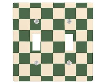 Tapa de interruptor de luz a cuadros verdes, decoración moderna de mediados de siglo, placa de pared geométrica vintage, tapa única de estética neutra en verde y crema.