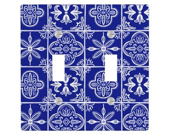 Placa de interruptor de luz tradicional mediterrânea, placa de parede azul costeira, decoração vintage com padrão europeu, placa de interruptor em estilo espanhol