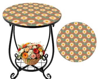 Vintage 60er Jahre Daisy Blumen Outdoor Beistelltisch, Retro Flower Power Terrasse Akzent Tisch, Boho Garten Möbel Dekor, Floral Mid Century Modern