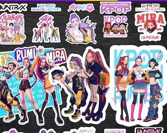 May include: A collection of colorful stickers featuring KPOP and anime-style illustrations. The stickers showcase various characters and groups, with text such as "DEMON HUNTERS," "KPOP," and character names. The stickers are on a black background.