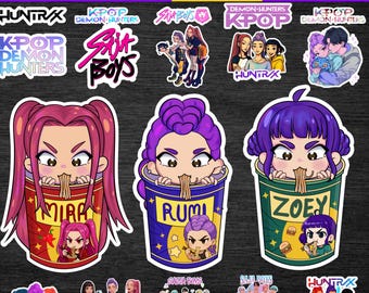 May include: A collection of colorful stickers featuring anime-style illustrations. The stickers include images of characters eating noodles, group portraits, and text that reads "DEMON HUNTERS," "KPOP," and "100+ STICKERS."