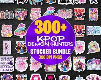 May include: A collection of colorful K-Pop-themed stickers. The stickers feature various illustrations of anime-style characters, logos, and text. A large purple circle in the center reads "300+ KPOP DEMON HUNTERS STUCKER BUNDLE 300 DPI PNGS."