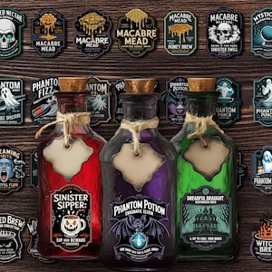 May include: A Halloween-themed image featuring three potion bottles with cork stoppers and blank labels, surrounded by various spooky label designs. The bottles are filled with red, purple, and green liquids. The labels feature text like "Sinister Sipper" and "Phantom Potion."