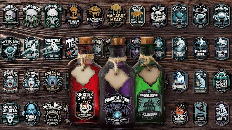 May include: A Halloween-themed image featuring three potion bottles with cork stoppers and blank labels, surrounded by various spooky label designs. The bottles are filled with red, purple, and green liquids. The labels feature text like "Sinister Sipper" and "Phantom Potion."