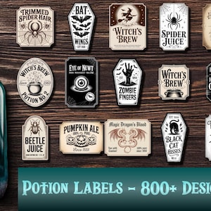 May include: A dark green potion bottle with a label that reads "Death's Order" next to various vintage-style potion labels. Labels include "Spider Juice", "Zombie Fingers", and "Unfiltered Poison". The image also includes the text "Potion Labels - 800+ Designs 300DPI".