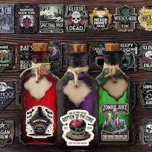 May include: A Halloween-themed image featuring three glass bottles with cork stoppers, filled with red, purple, and green liquids. Each bottle has a label with spooky graphics and text. Various potion labels surround the bottles.