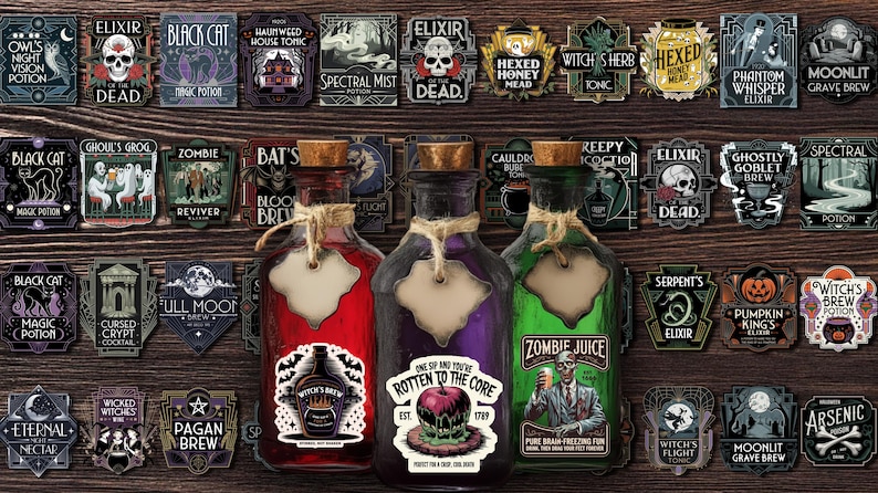 May include: A Halloween-themed image featuring three glass bottles with cork stoppers, filled with red, purple, and green liquids. Each bottle has a label with spooky graphics and text. Various potion labels surround the bottles.