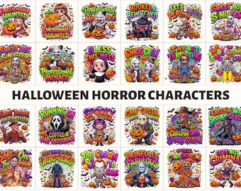 May include: A collection of twenty-four colorful Halloween-themed illustrations featuring various horror characters, pumpkins, and bats. Each graphic includes stylized text such as Emotionally Haunted, Professional Menace, and Chaos Crew.