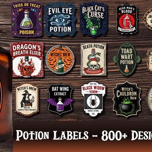 May include: A brown glass bottle with a label reading "Poison Pumpkin Juice" and several Halloween-themed potion labels. The labels feature various designs and text, including "Evil Eye Potion" and "Black Cat's Curse."