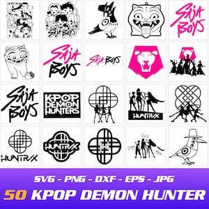 May include: A grid of 20 black, white, and pink graphic designs featuring illustrations and text. The designs include animal illustrations, stylized figures, and text such as "SAJA BOYS", "KPOP DEMON HUNTERS", and "HUNTRX". The bottom text reads "50 KPOP DEMON HUNTER".