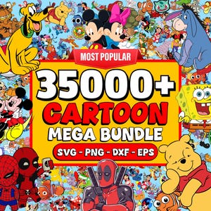Puede incluir: Imagen vibrante con numerosos personajes de dibujos animados, incluyendo Mickey y Minnie Mouse, Winnie the Pooh y Bob Esponja. Una pancarta central muestra "35000+ CARTOON MEGA BUNDLE" con opciones de formato de archivo. El fondo es azul claro.