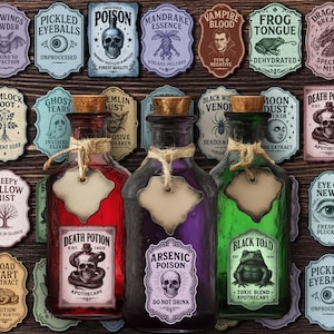 May include: A collection of apothecary bottles with colorful liquids and decorative labels. The labels feature various spooky names like "Death Potion" and "Arsenic Poison." The bottles are arranged on a wooden surface.