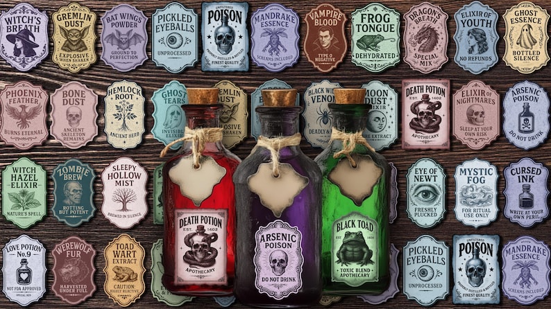 May include: A collection of apothecary bottles with colorful liquids and decorative labels. The labels feature various spooky names like "Death Potion" and "Arsenic Poison." The bottles are arranged on a wooden surface.