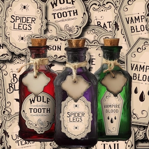 May include: Three vintage-style potion bottles with cork stoppers and blank tags, filled with red, purple, and green liquids. The bottles are labeled "Wolf Tooth", "Spider Legs", and "Vampire Blood", with a background of matching labels.