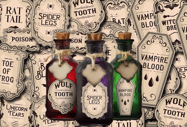 May include: Three vintage-style potion bottles with cork stoppers and blank tags, filled with red, purple, and green liquids. The bottles are labeled "Wolf Tooth", "Spider Legs", and "Vampire Blood", with a background of matching labels.