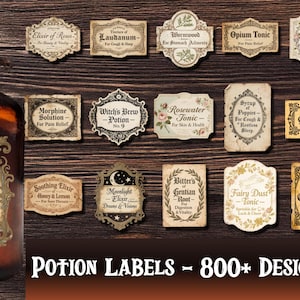 May include: A brown glass bottle with a decorative label reading "Moonlight Elixir" and various potion labels. The labels feature vintage designs and text like "Arsenic Poison" and "Fairy Dust".