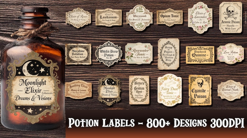 May include: A brown glass bottle with a decorative label reading "Moonlight Elixir" and various potion labels. The labels feature vintage designs and text like "Arsenic Poison" and "Fairy Dust".