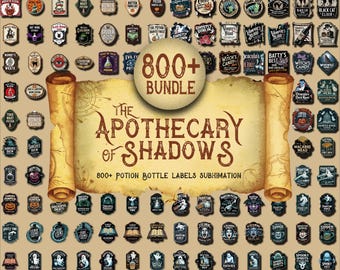 May include: A collection of over 800 potion bottle labels with a spooky theme. The labels feature various designs, including skulls, ghosts, and potion names. The text "The Apothecary of Shadows" is displayed on a scroll, with the words "800+ Bundle" in a circle.