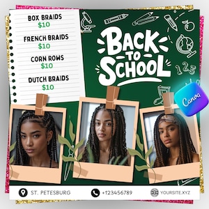 Back To School Booking Flyer, Back to school sale flyer, Back to school hair flyer, Braid Flyer, MUA Nails Lash Braids Hair, Canva Editable