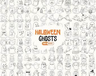 May include: A collection of 180 black and white line art illustrations of ghosts in various poses and themes, featuring the text HALLOWEEN GHOSTS 180 SVG in the center. The ghosts are depicted with accessories like pumpkins, hats, and brooms.