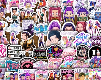 May include: A collection of colorful K-Pop stickers featuring various anime-style characters, text, and logos. The stickers showcase diverse designs, including portraits, phrases like "I love K-Pop", and the word "RUMI". These stickers are ideal for personalizing items.