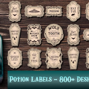 May include: A dark green potion bottle with a label that reads "Bat Blood" and several vintage-style potion labels with names like "Spider Legs" and "Wolf Tooth". The image also includes the text "Potion Labels - 800+ Designs 300DPI".