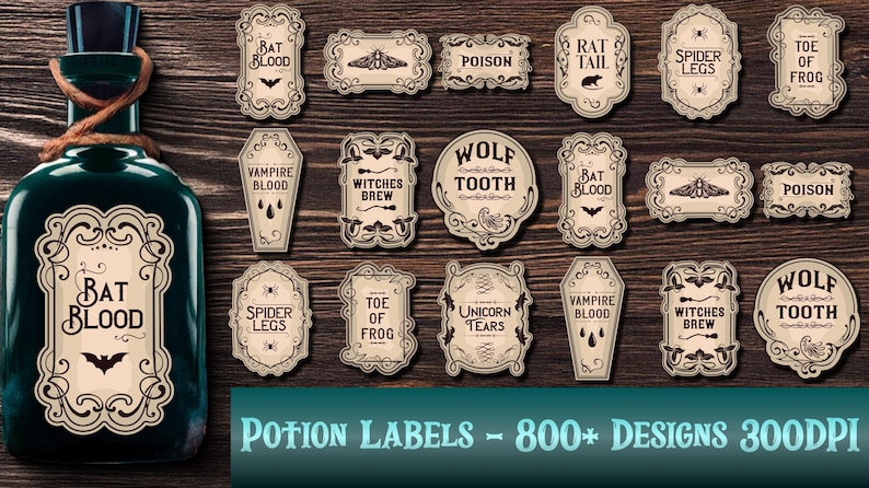 May include: A dark green potion bottle with a label that reads "Bat Blood" and several vintage-style potion labels with names like "Spider Legs" and "Wolf Tooth". The image also includes the text "Potion Labels - 800+ Designs 300DPI".