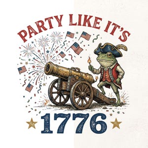 Party Like It’s 1776 PNG 4. Juli Sublimation – Lustiger Vaterländischer Frosch mit Kanonendesign – Vintage In anschließender Unabhängigkeitstag Shirt Druck