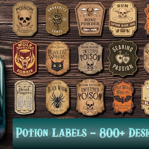 May include: A dark green potion bottle with a label reading "Bone Powder 100% Pure" is displayed next to a collection of vintage-style potion labels. The labels feature skull, spider, and bat graphics, with text like "Poison" and "Black Widow". The image includes the text "Potion Labels - 800+ Designs 300DPI".