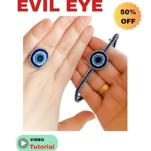 May include: A beaded evil eye ring and bracelet. The ring is on a finger and the bracelet is on a wrist. The evil eye designs feature blue, white, and black beads. The image includes the text "BEADED EVIL EYE" and "50% OFF".
