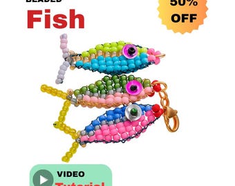 Llavero y pendientes de pez con cuentas – Regalos de pesca para hombre. Collar de pez y patrón de cuentas hechas a mano / Descarga digital
