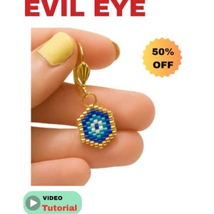 May include: A gold-colored earring with a beaded evil eye design. The earring features a blue and white eye pattern surrounded by gold beads. The image includes the text "BEADED EVIL EYE" and a "50% OFF" sticker.