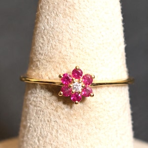 14K Yellow Gold Ruby Diamond Ring, Vintage Flower Cluster Ring Size 6