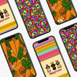 Könnte beinhalten: Sechs verschiedene Handy-Hintergründe mit Ostern-Motiven. Die Designs beinhalten Karotten, Gummibärchen und Hunde mit Hasenohren. Der Text "Frohe Ostern" ist auf zwei der Hintergründe zu sehen.