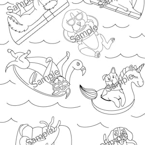 Pool Party Dogs Coloring Sheet – Digital Download for Coloring
