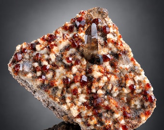 Red Spessartine Garnet cluster Combine smoky Quartz on Matrix, Mineral Specimen