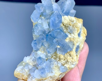 Blaue Coelestin Stufe auf gelbem Calcit aus Baghdis, Afghanistan - 109 gramm