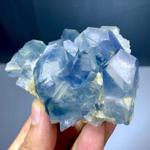 Op de afbeelding: Een cluster van blauwe fluorietkristallen met een kristallijne structuur. De kristallen hebben een doorschijnend uiterlijk en zijn lichtblauw van kleur. De basis van de cluster heeft een geel-witte kleur. De kristallen worden in een hand gehouden.
