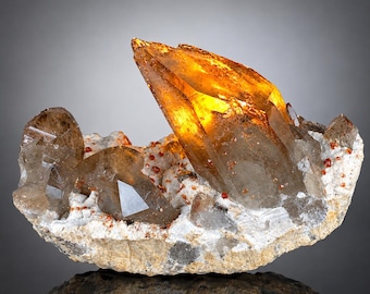 Natural Red Spessartine Garnet in Smoky Quartz on Albite Matrix, China Mineral Specimen