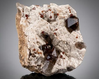 Natural Red Spessartine Garnet in Smoky Quartz on Albite Matrix, Mineral Specimen - 93 gram