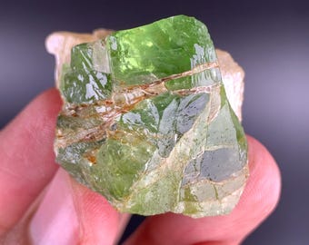 Natural Green Color Peridot Crystal with Albite Matrix from Pakistan 35 Gram