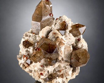Natural Red Spessartine Garnet in Smoky Quartz on Albite Matrix, Mineral Specimen