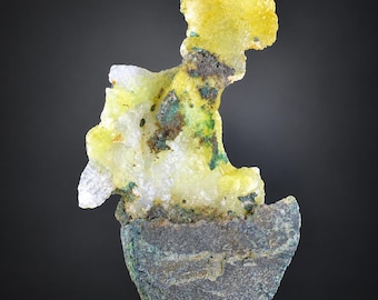Natural Lemon Yellow Brucite with Blue copper on Matrix from Pakistan 180 gram