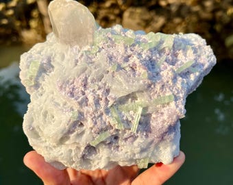 Green Tourmaline Crystals with Quartz on Lepidolite Mineral Specimen from Afghanistan - 580 gram