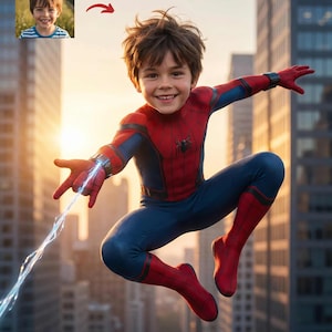 以下が含まれることがあります： スパイダーマンのコスチュームを着た子供が、手首から発せられるクモの巣のようなエフェクトで空中にいる様子。コスチュームは赤と青で、胸にはクモのエンブレムが付いています。背景には高層ビルが立ち並ぶ都市景観が描かれています。