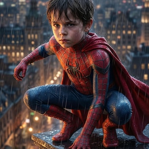 May include: A child in a Spider-Man costume, crouching on a rooftop in the rain. The red and blue suit has a spider emblem on the chest. A red cape is draped over the shoulders. The background shows a cityscape at night.