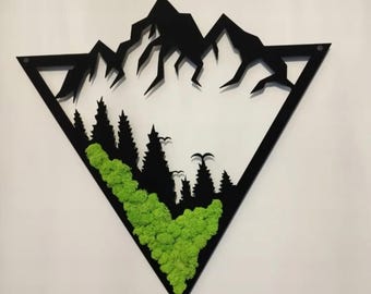Arte de pared con musgo LED / Escena de montaña triangular, decoración con musgo preservado