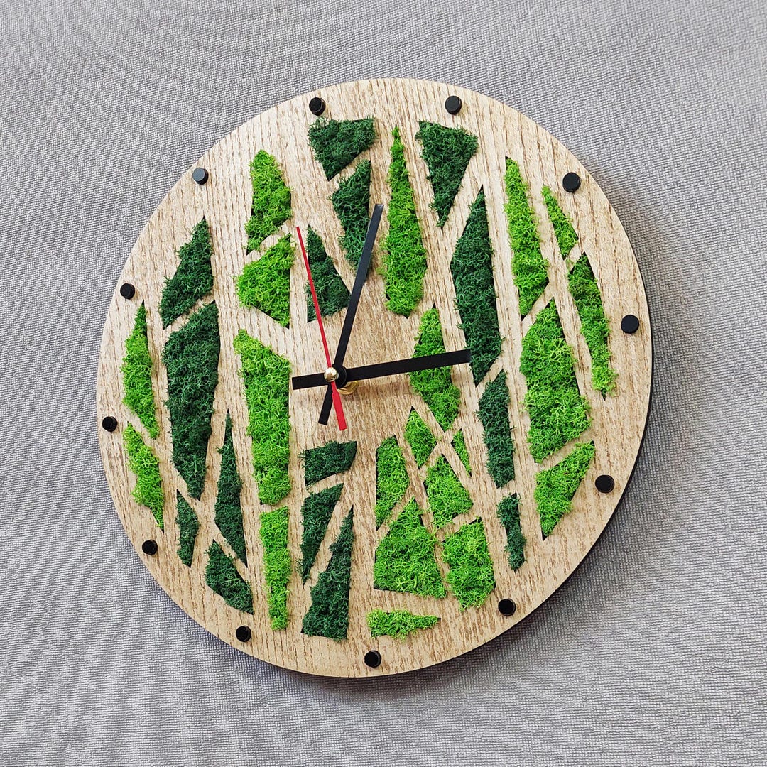 Handmade Moss Wall Clock , Small Wooden Wall Decor, Silent Rustic Wall ...