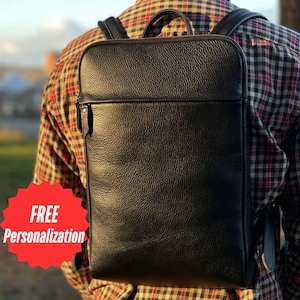 Free Personalization | Leather Laptop Backpack | Custom Gift for Dad | Handmade Black Leather Bag | Father&#39;s Day Gift | Minimalist Rucksack