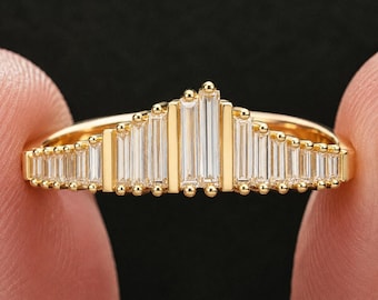 18K Gold Baguette Diamond Tiara Ring, Art Deco Crown Wedding Band, Vintage Inspired Chevron Ring, Minimalist Bridal Jewelry